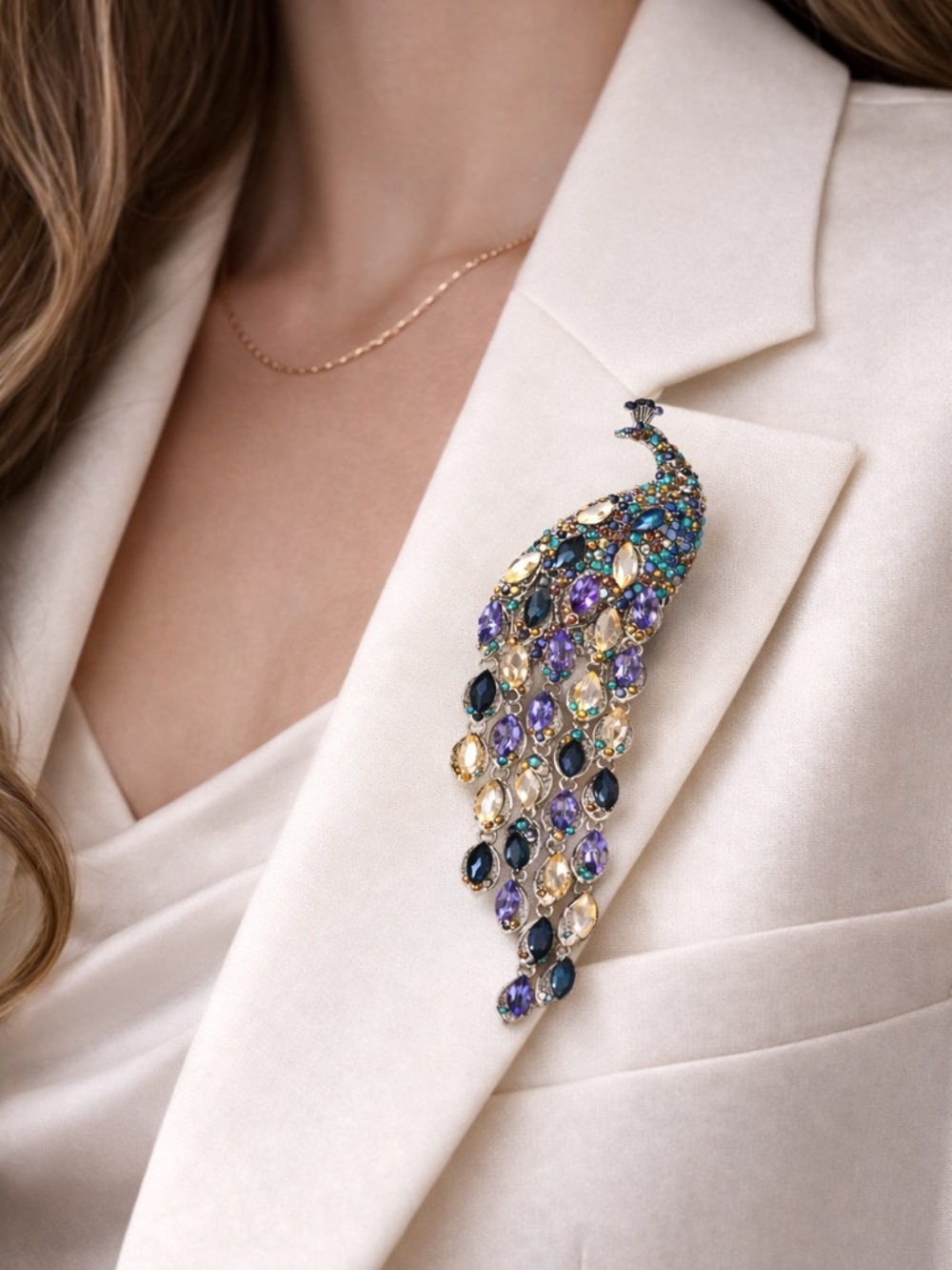 Luxe Peacock Feather Blue Purple Gem Diamond Brooch